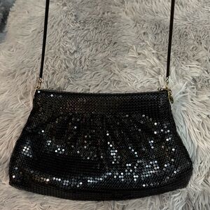 Black Vintage Clutch Metal Snake Chain Strap - 1970s 1980s Evening Bag